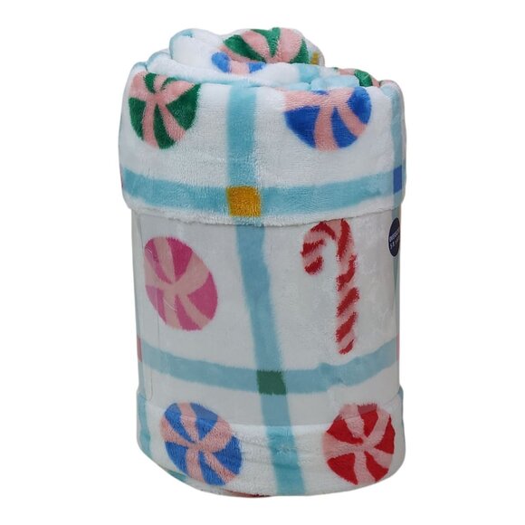 The Big One Oversized Plush Throw Blanket 5'x6' Candy Pattern Faux Fur Holiday - Picture 2 of 8